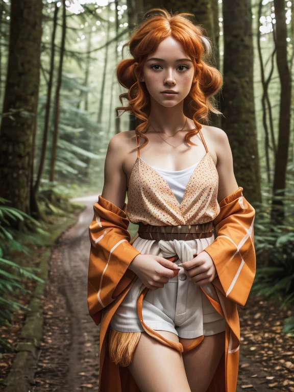 12 year old girl, Lovely, orange hair, Very short, Very curly, slim, flat bust, with freckles on the face, with slavic features, with Kimono, bare shoulder and chest, Whole body, shows her legs, In the woods.