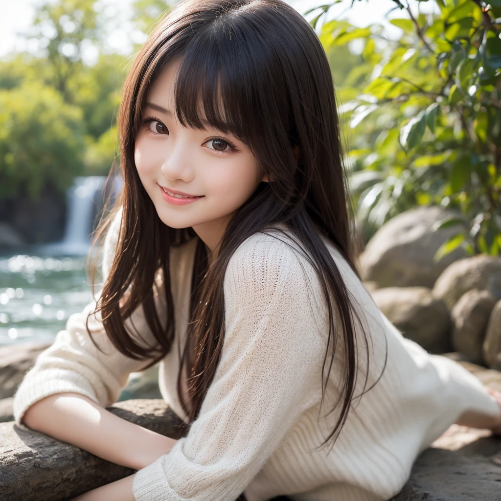 (Close up face shot of one slender small breasts half up brown long hair with bangs girl in a autumn fashion shirt and sweater:1.5)、(One girl is leaning forward with happy smile on the dart road near the lake and big waterfall:1.5)、(Beautiful autumn leaves and mountain view:1.5)、(Natural light:1.5)、(8k ultra detailed master piece:1.5)、(perfect anatomy:1.5)、(Photorealistic stick:1.5)、(Raw photo:1.3)、(highest quality:1.5)、(High resolution:1.3)、(Delicate and beautiful perfect face:1.3)、(Delicate and beautiful eye air skin:1.3)、(Real Human Skin:1.3)、((thin legs))