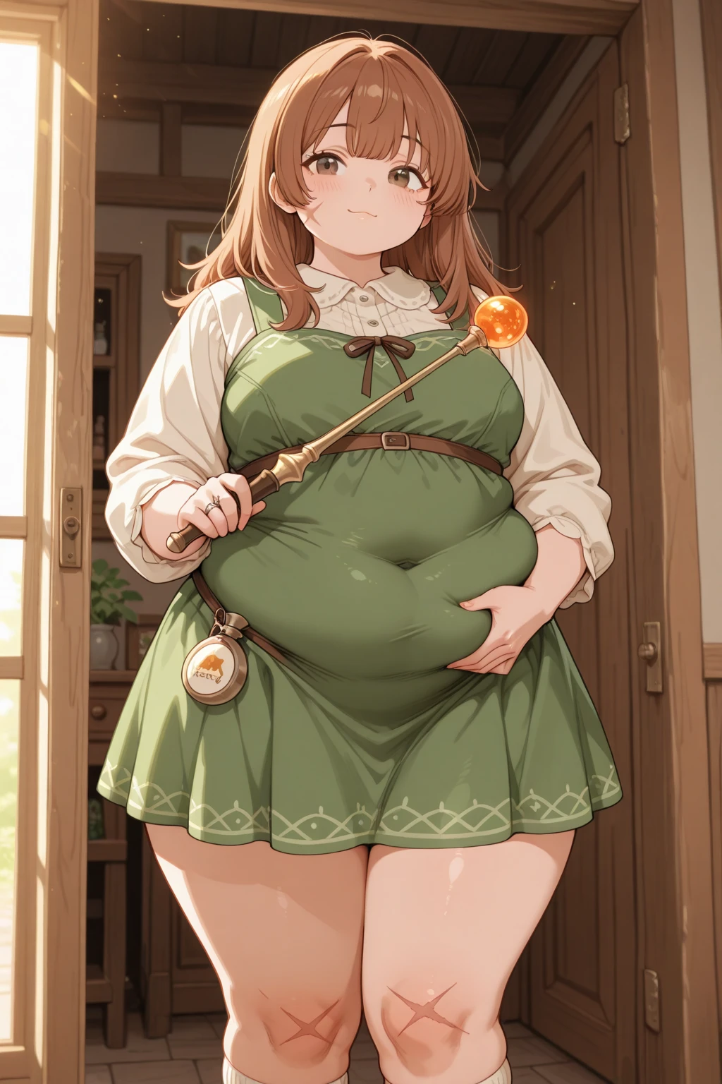 ((masterpiece)), (best quality), (highres) (intricate details), 1girl, hermione granger, emma watson, ((USSBBW)), ((morbidly obese)), ((massive breasts)), ((massive belly)), ((double belly)), beautiful face, ((detailed face)), (long legs), casting magic, embarrassed expression, ripped clothing, streched clothing, fantasy aesthetic