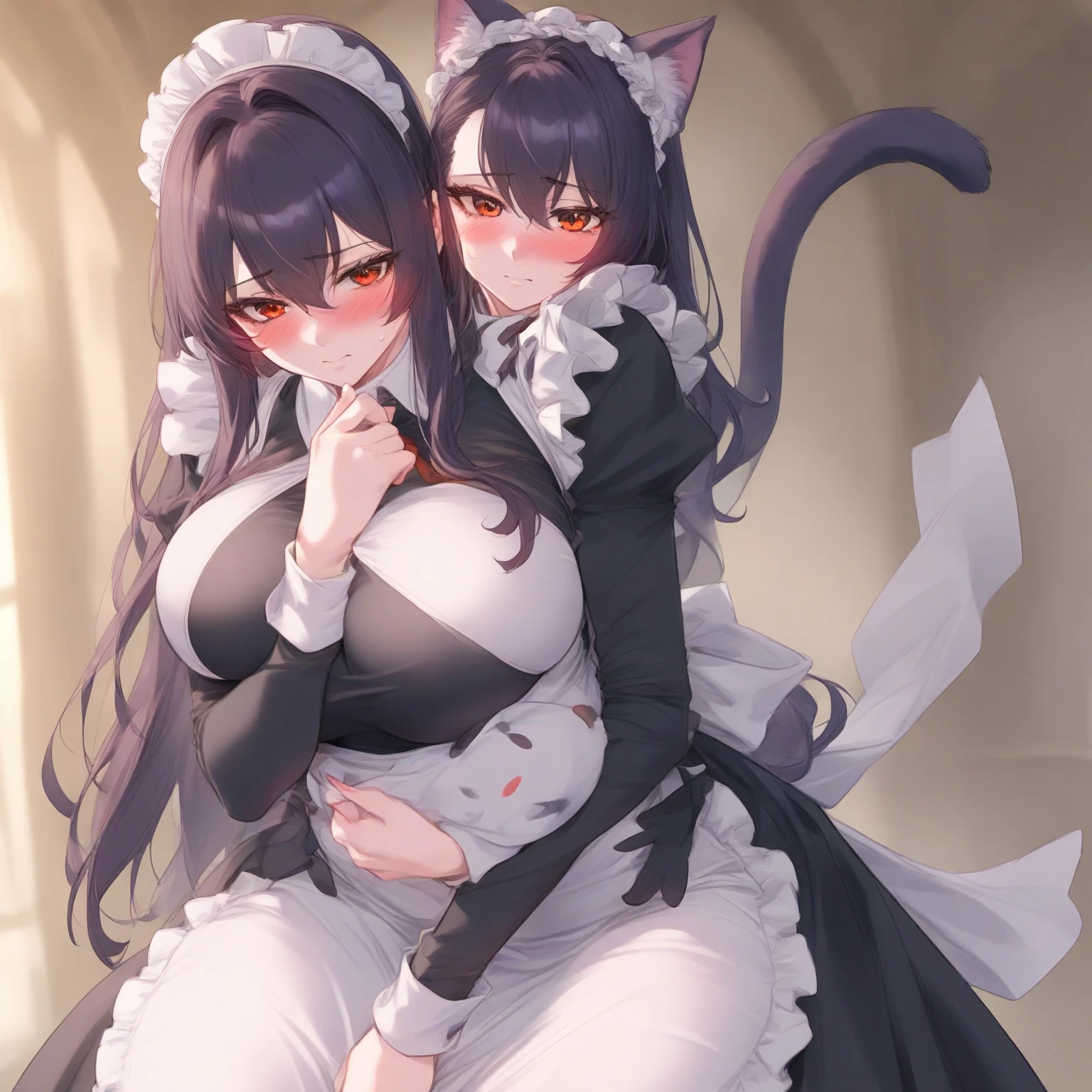 neko girl, huge boobs, cleavage, white babydoll, bicolor hair, blue and black hair, full body, lay on bed, black blanket, black pillow, large bed