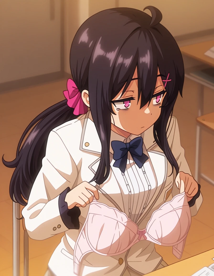 shinkai makoto, kimi no na wa., 1boy, buzzcut,office suit, boy caressing girl's body, kiss cheeks, passionate hug, boy is hugging from behind, breast groping from behind, 1girl, bangs, black hair, open mouth, brown eyes, Twisted Half Up, red ribbon, long hair, yellow blouse, open shirt, unbuttoned shirt, pink bra, cleavage, breast, medium breast, long gray skirt, storage room, indoors, masterpiece, perfect anatomy, cowboyshot