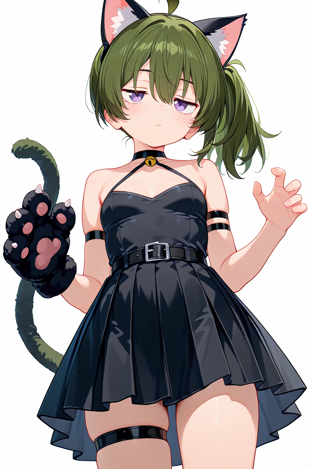 tatsumaki, 1girl, animal ears, solo, green eyes, cat ears, green hair, breasts, small breasts, curly hair, black dress, looking at viewer, covered navel, simple background, long sleeves, dress, animal ear fluff, thighs, closed mouth, highleg, flipped hair, blush, korean text, bangs, short hair, medium hair, cowboy shot, presenting armpit, ((nipples)), arm up, armpits, clothes flipped, abs