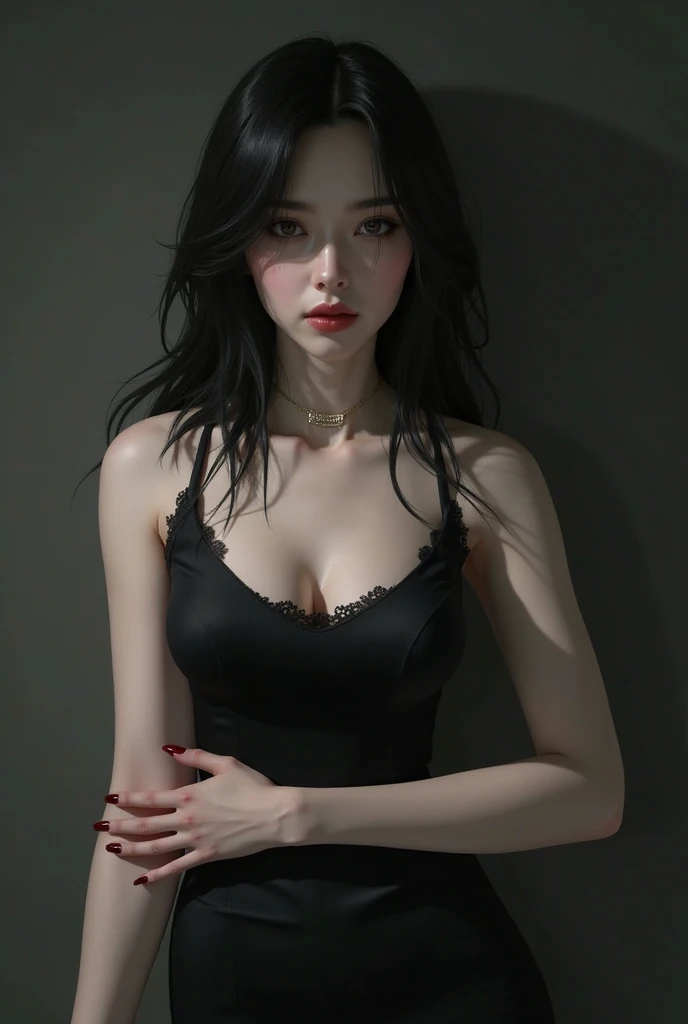 Narrow eyes, 1 girl, all white, expressionless, bob, bob, forehead, relief, black hair, bob, solo, cowgirl, two-piece, ((voluptuous breasts)), narrow slit eyes, black eyes, sparkling light eyes, Black hair, gloves, dress, luxurious jewelry, earrings, piercing eyes, elbow grooves, hands raised and hair tied back, random color, random color dress, long eye makeup, narrow eyes, smile, lipstick, complex petal pattern, Rim light, backlight, pastel color, studio lighting