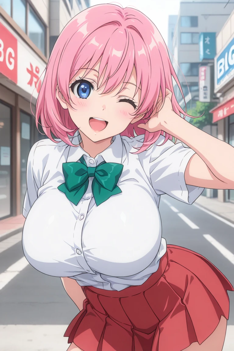 otmn,1girl,solo, pink hair, (Big breasts:1.6), Smile,happy,Opens Her Mouth, Close One Eye, White Shirt,uniform, green bow, Red Pleated Skirt, contrapposto, Around town, masterpiece,Best Quality, Very Aesthetic,(anime screen cap:0.8),8k,very high resolution,