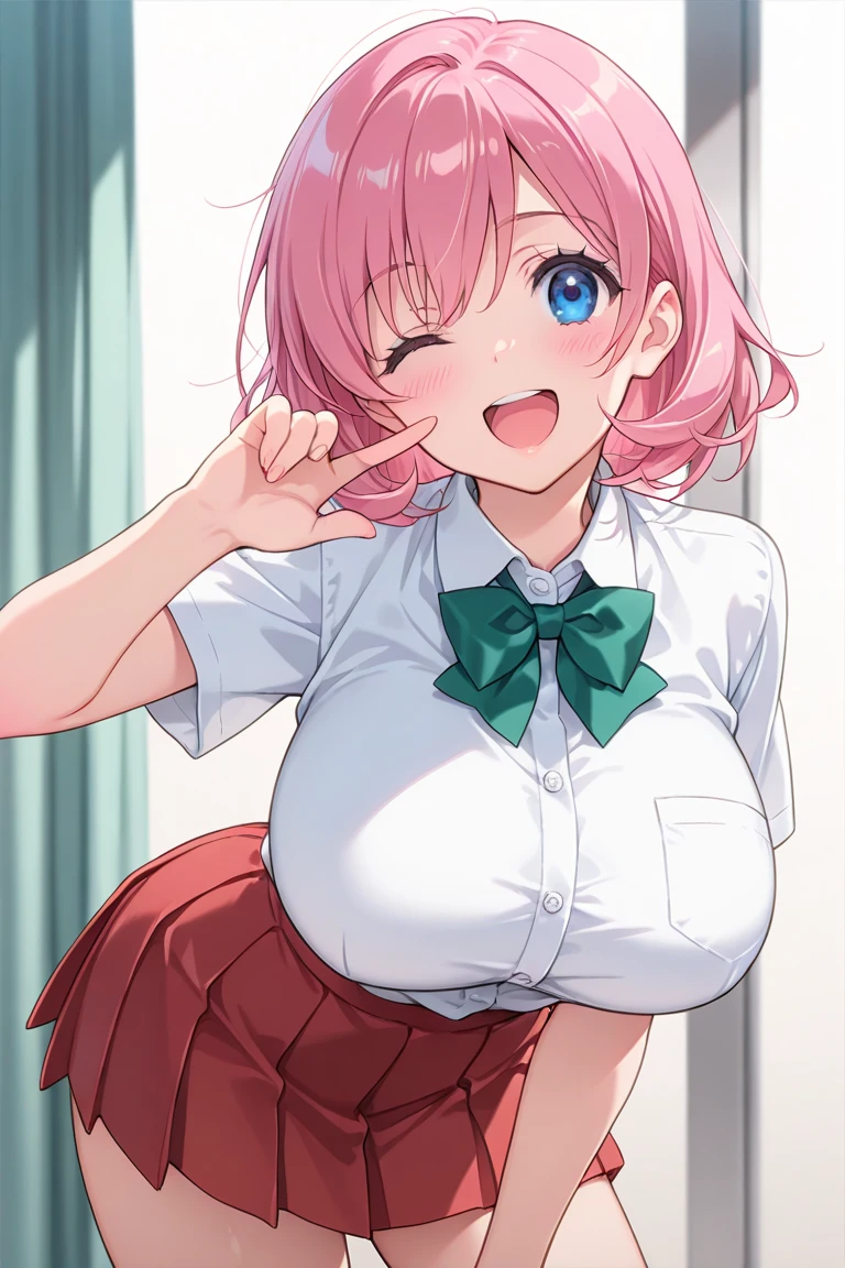 otmn,1girl,solo, pink hair, (Big breasts:1.6), Smile,happy,Opens Her Mouth, Close One Eye, White Shirt,uniform, green bow, Red Pleated Skirt, contrapposto, Around town, masterpiece,Best Quality, Very Aesthetic,(anime screen cap:0.8),8k,very high resolution,