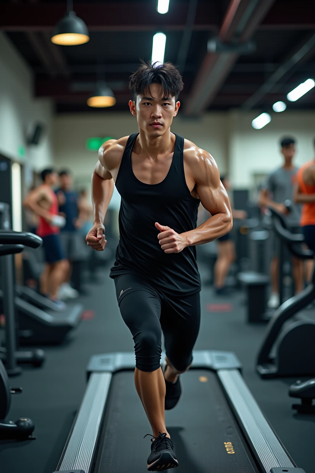 Best quality, Asian man, jogging on treadmill, buttocks, topless, tight shorts, big bulge.