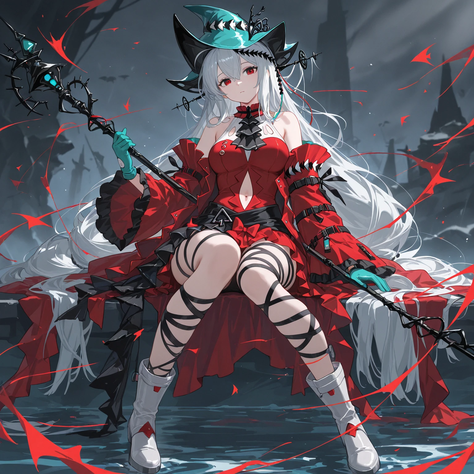 sliver long hair，red color eyes，Big green hat red skirt，Long legs，White boots with high heels，Green gloves beautiful girl in the sea, white skin, black band on thigh, holding a staff in her hand, Ark of Tomorrow Turbid Heart Scati