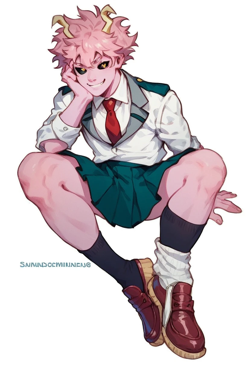 Mitsuki Bakugo from My Hero Academia, My Hero Acedemia style, wide hips, long tongue, open mouth, white blouse underneath a lavender cardigan with a short black skirt.