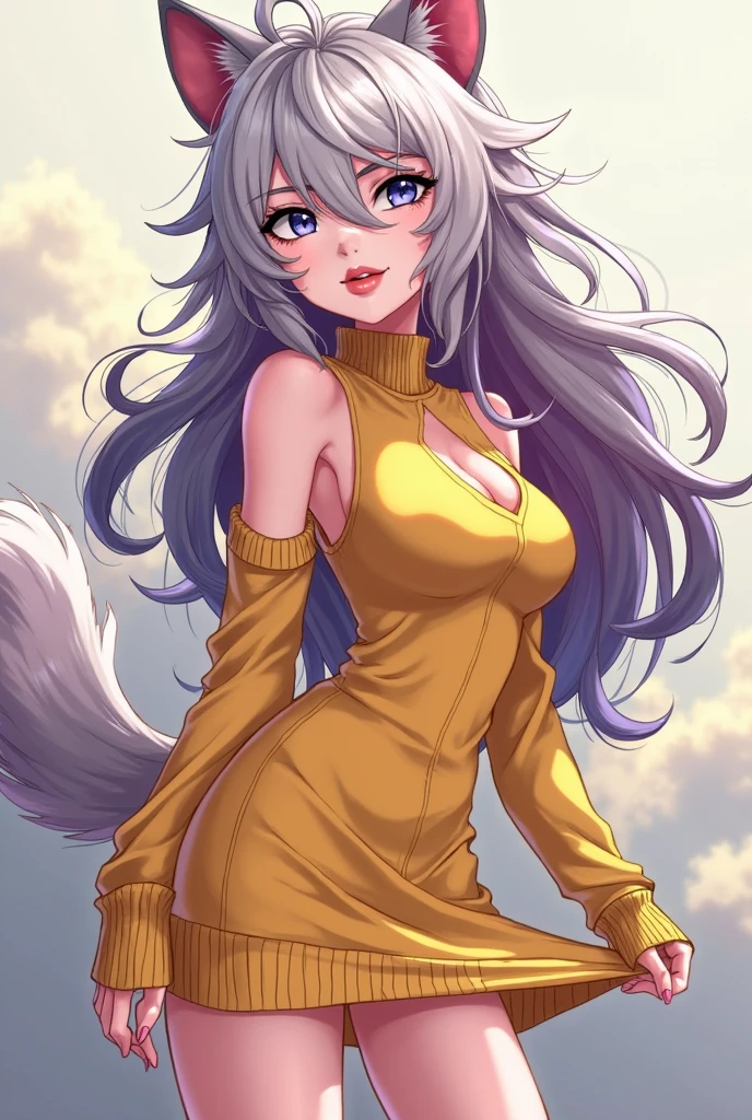 Neko Girl, Maid, Princess, ((Have a fluffy cat tail)), ((purple long hair), beatiful face, ((In her forehead is a blue princess crystal)), ((sexy facial expression)), is looking at the camera, ((Body color: swarthy reddish)), skin color: swarthy, sweaty body, Body glare, ((Beautiful Female Eyes)), ((Eyes glow with blue light)), ((Perfect Sexy Figure)), Ideal body shapes, big thighs, ((sophisticated and beautiful)), Sexy stance ((frontal view)), ((The clothes: Yellow sweater with beautiful neckline and women's leggings, Around the neck is a choker with a crystal inside)) Background: Dark room with window overlooking the sunset, Depth of field, ((ultra quality)), ((tmasterpiece)), Clear image, crisp details, Realistic, professional photoshoot, Clear Focus, the anime, Colorfully drawn, NSFW