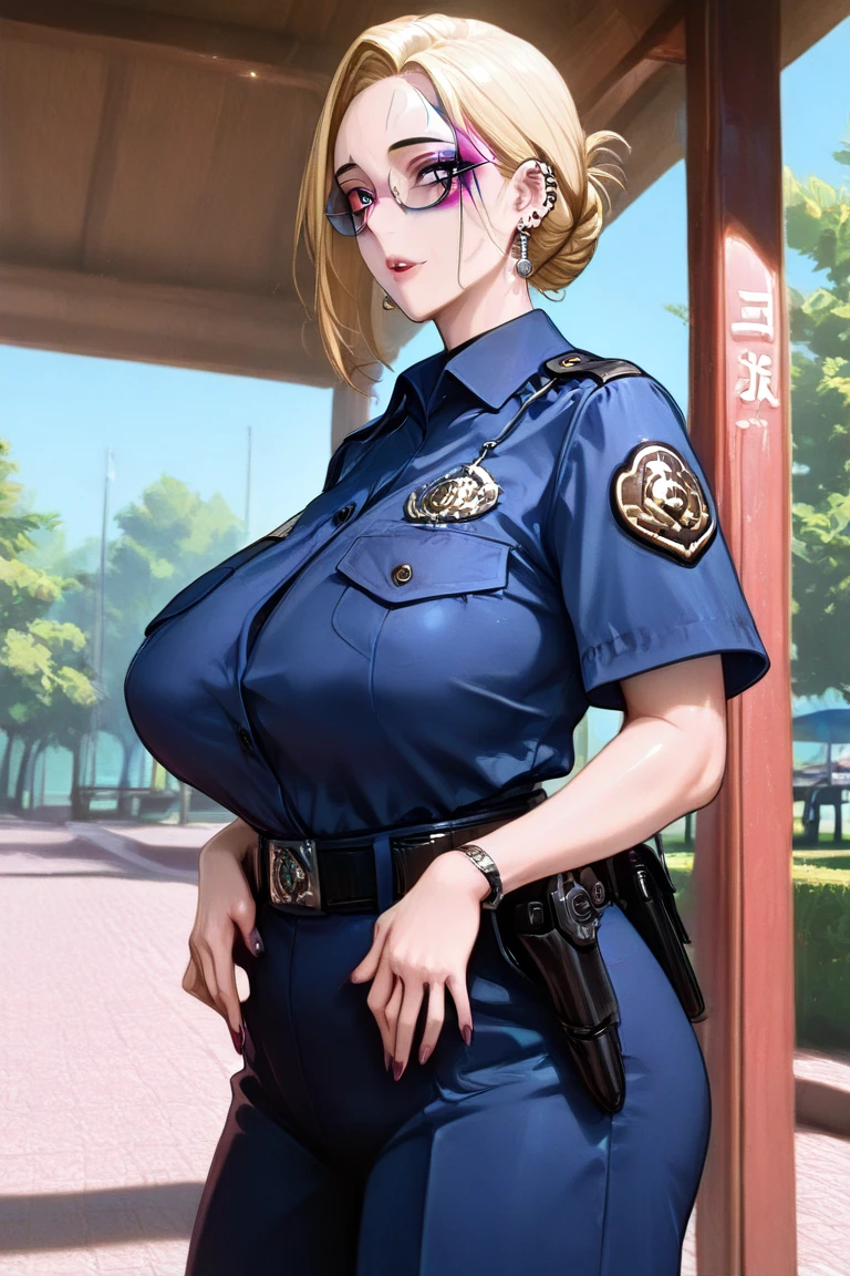 honoka,  bracelet，ring, university student，Pink Hair，Huge breasts，Cleavage，Low-cut，pantyhose，cute，necklace，earrings，trees，sports，shy，Red lips，cops，，police officer，officer，police officer，police uniform，pistol，gun，weapon， police cap