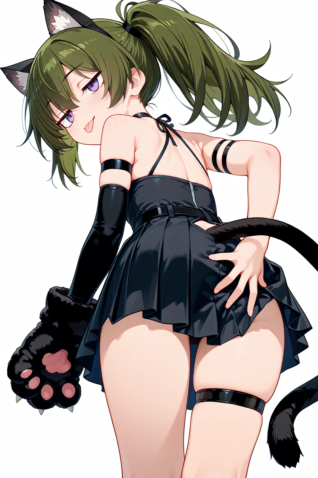 cute girl, Short dark green hair, yellow eyes, cat ears, cat collar, cat tail, cat hands, cat legs