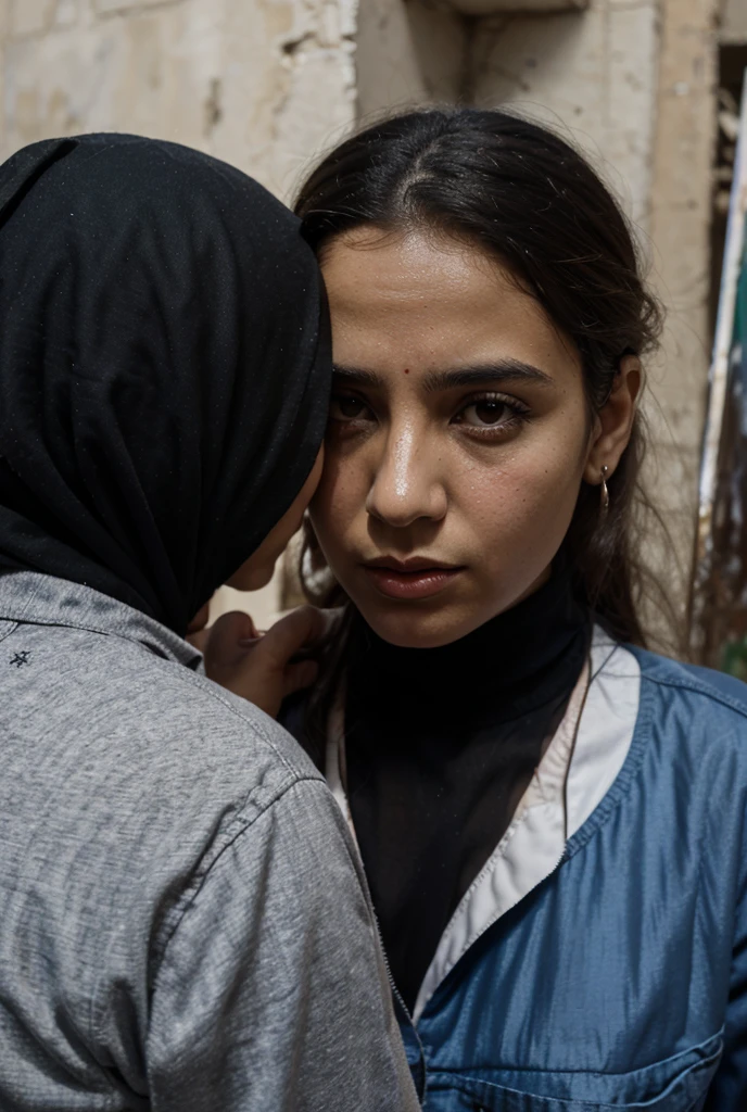 photorealistic family portrait, father wearing white collared shirt and black pants, mother wearing black abaya and hijab, daughter wearing white summer dress, detailed facial features, intricate clothing textures, warm natural lighting, shallow depth of field, cinematic composition, vibrant colors, high-quality digital painting