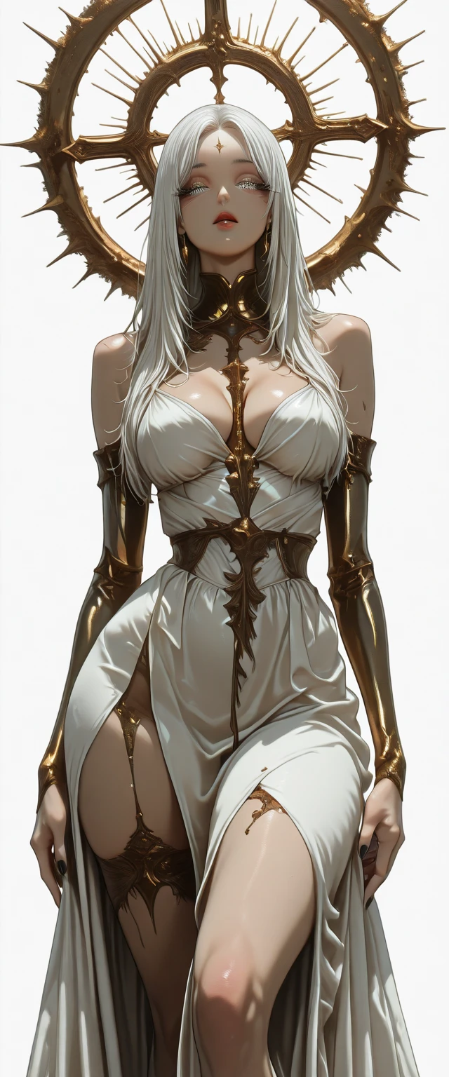 Pirotess, (yellow eyes), white hair, silver hair, very long hair, straight hair, solo, adult woman, tall, slightly muscular, large breasted, cleavage, constricted waist, Toned body, slight abs, thin dark skin, pointy ears, lipstick, makeup, black eyeshadow, circlet, white short dress, jewelry, bracelet, white gloves, thigh boots