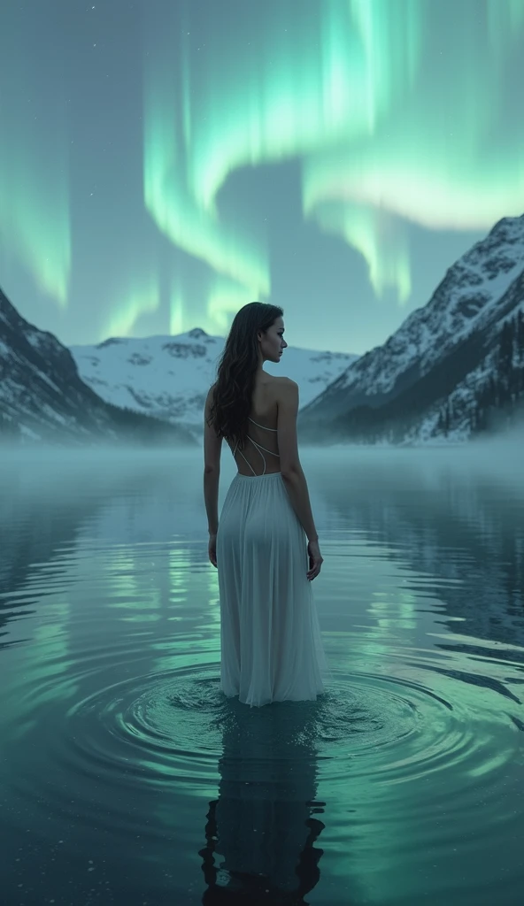 8k Beautiful Naked Asian woman, watching the night sky in the distance, with northern lights