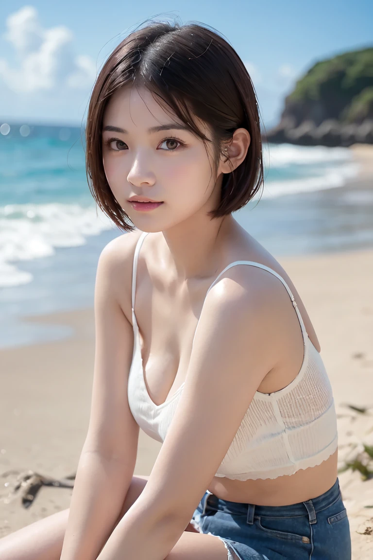 (8K, Best picture quality, tmasterpiece:1.2), (realisticlying, realisticlying:1.37), ultra - detailed, 1个Giant Breast Girl, adolable,, Beautiful detailed sky, Beautiful detailed seaside, In the daytime, sitted, (ssmile:1.15),(Keep one's mouth shut)smallunderboob,美丽细致的眼睛,(collar shirt:1.1),natta,dampness,JK packing,Sateen,White lace,(short detailed hair:1.2),Flowing hair NovaFrogStyle,