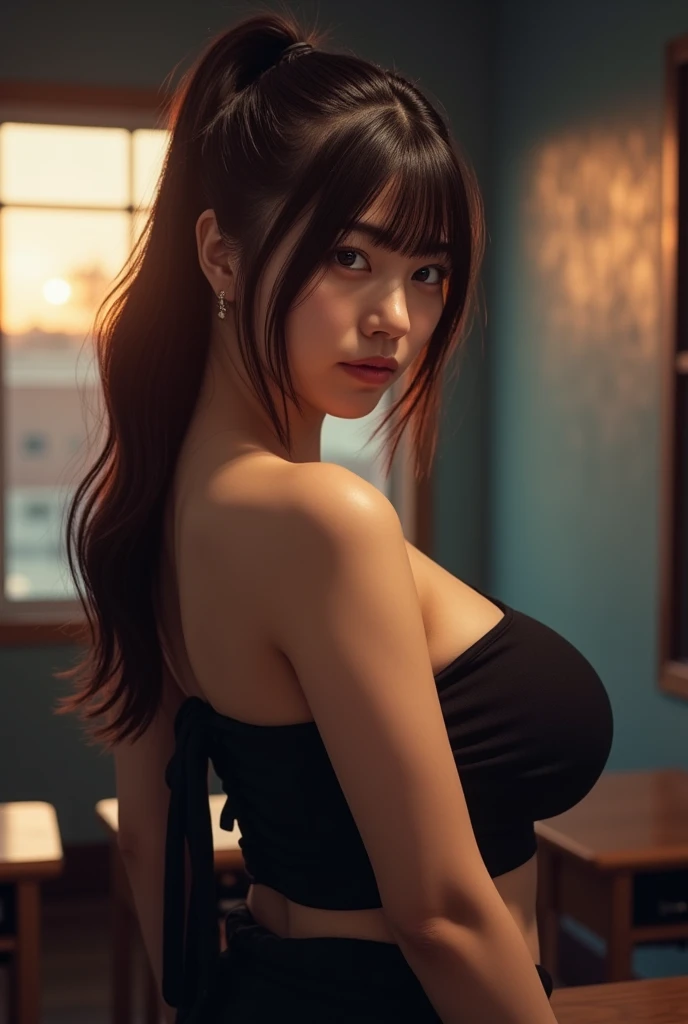 Similar to Japanese actress Kyoko Fukada、Her hair is long and brown、Close your eyes and kiss、On all fours、Cleavage、Loose black dress、Izakaya