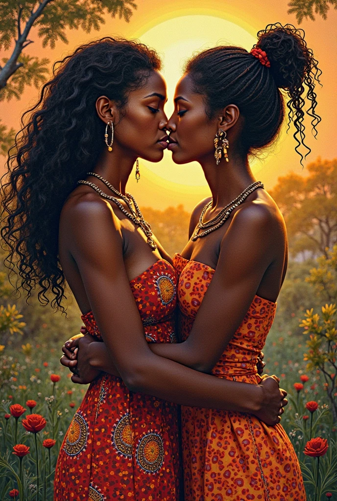 Two naked african girls dressed in silk having sex