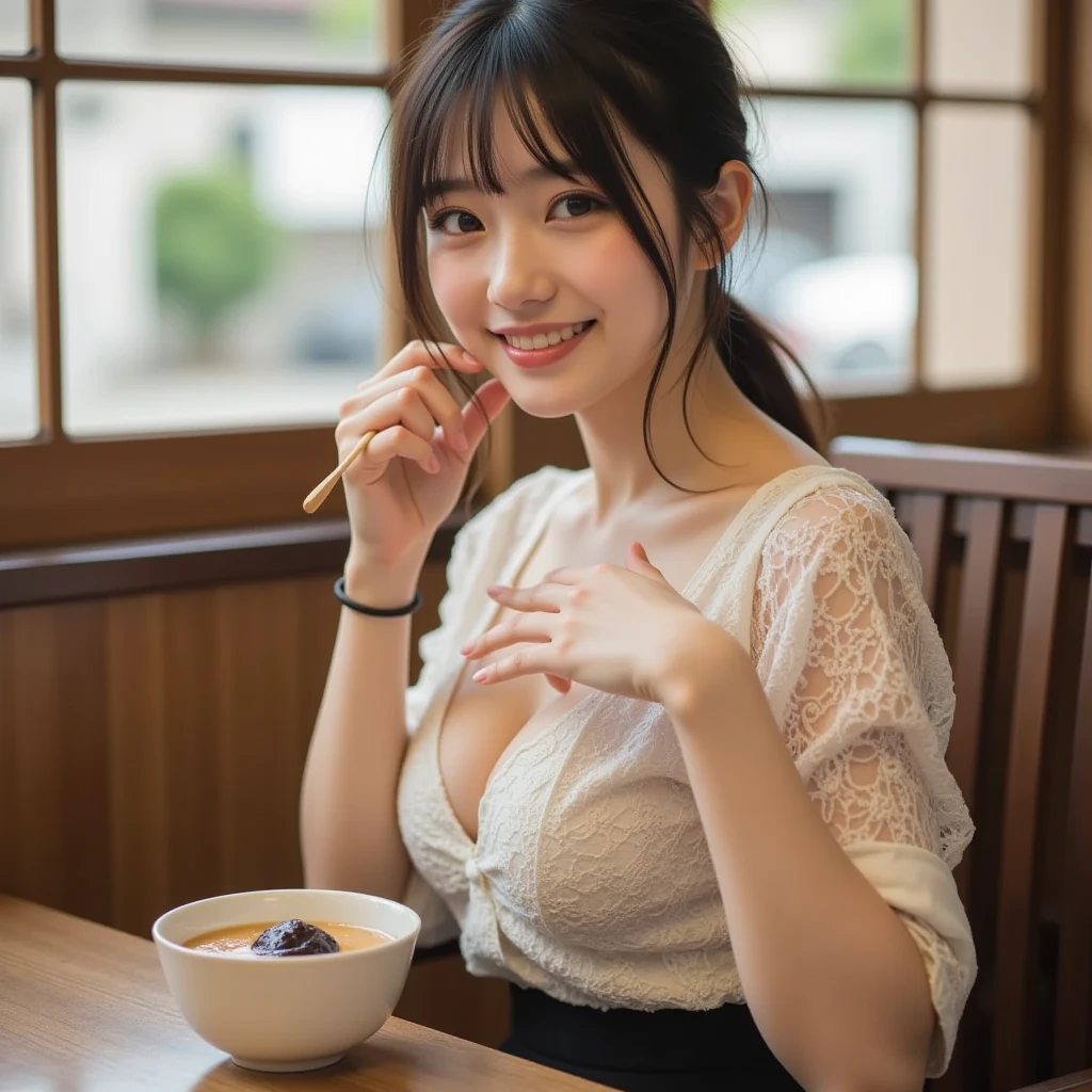 A very cute face like a 15-year-old idol Smiling Kindly In underwear Whole body Medium bust Inside a stylish restaurant noon sit down Full body portrait Eat delicious looking crepes from the table RAW Photos Genuine Genuine High resolution