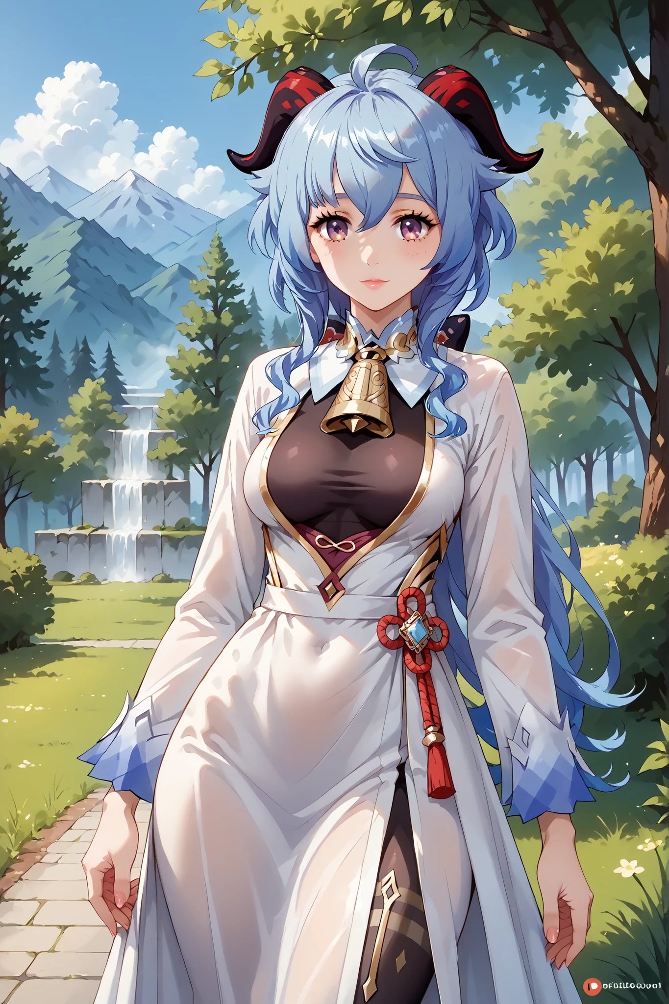 Ranni the witch (blue hair) lifting up her skirt (sheer white gown) and pinching her nipples (small breast) while resting at a site of grace (dark forest background) full face blushing while sweating a lot looking at viewer with horny smile