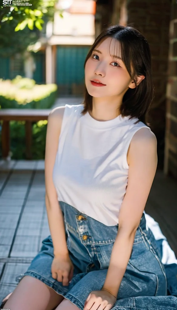 Shortcuts、Japanese、Tanuki face、Big Breasts、Plain T-shirt and jeans、Wearing sneakers、Photo with blue sky as background