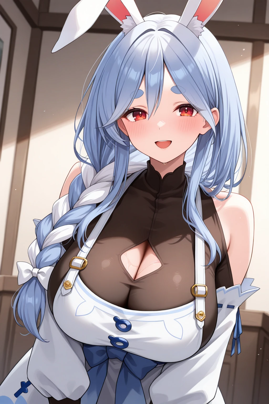 Pekomama,One Girl, Braided Ponytail, Bunny ears, White Bikini、Light blue hair、Wavy long hair、Huge breasts、teasing、Open_mouth、Blowjob_gesture、Blowjobgesture、Sticking out tongue、Upper Body、Living Room Background、Clenched fist、srimk:1.5、Sticking out tongue、blush