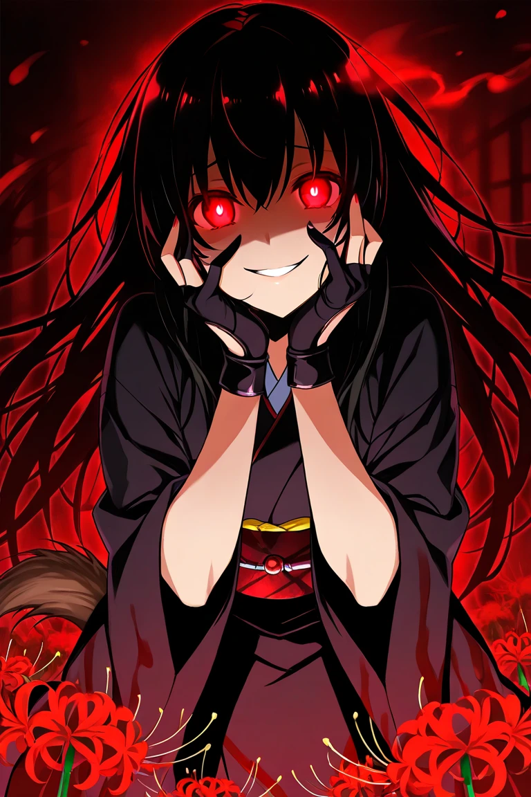 an anime girl eyes with a black iris and red pupils, black hair with pink highlights. She wears a pink sweatshirt that is too big for her and small black sweatpants.. She is tired with wounds and torn clothes from a fight while in a forest. His eyes shine a powerful red color while his gaze is shadowed., With her clothes destroyed, a red aura came out of her.