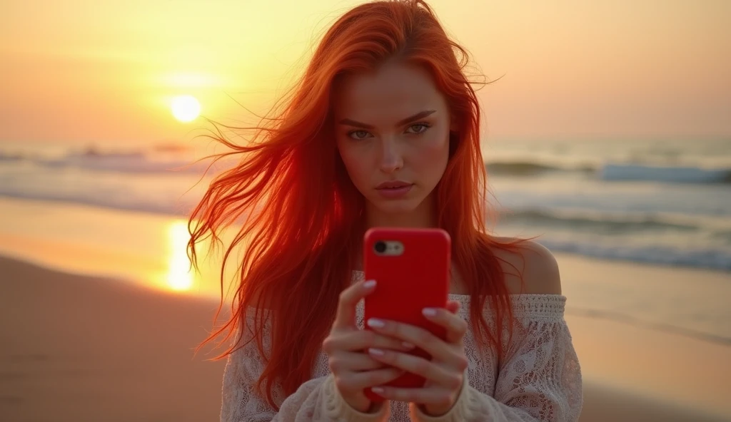 ultra realistic, photography, long red hair, girl, 24 years old, (From a straight above), female is standing on the beach in the sand at the water taking a selfie with her iphone, her eyes gazing up toward the phone. She exuded confidence and elegance, with every aspect of her appearance meticulously styled. Her face was adorned with flawless makeup—mascara, eyeliner, and striking eye shadow that enhanced her captivating gaze. Long, fluttering lashes added a touch of allure. bright eyes, cleavage Her ears shimmered with elegant earrings, complementing her stylish hairstyle, which was expertly arranged to showcase her beauty. The teacher's attire exuded professionalism and sophistication, while still maintaining a touch of glamour. She wore a red bikini. The scene unfolded on a beach at the shore in the water, creating a contrast between the glamorous teacher and her surroundings. Despite the unconventional location, her presence exuded confidence and a sense of authority. From this birds-eye perspective, she appeared as a beacon of knowledge, ready to impart wisdom and inspire her students with her undeniable grace and beauty. beautiful detailed nose, beautiful detailed thigh, (beautiful detailed eyes), (complete perfect body), abs, perfect body proportion, (looking at iphone)