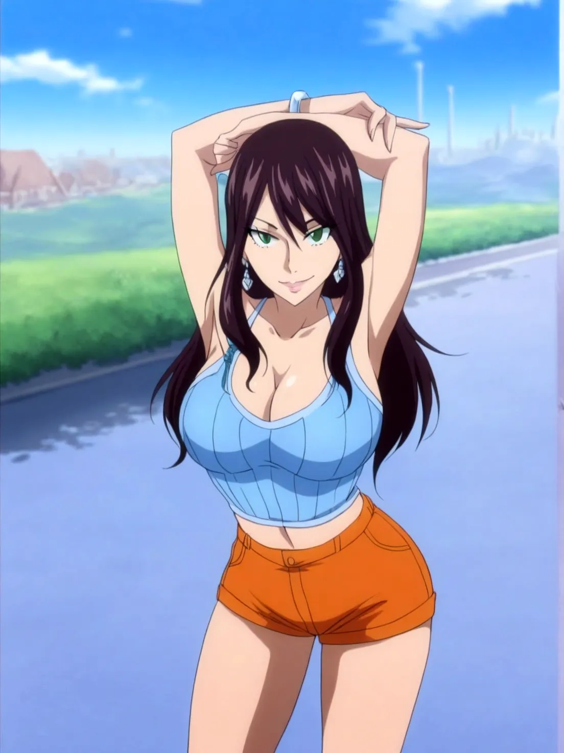 anime screencap 1girl, solo, tomboy, upper body, hat, smirking, from below, hoodie, cargo shorts, looking at viewer, dynamic pose, street clothing, chibi, hand in pocket,, masterpiece, mini bikini, thin, big breasts, best quality, (absurdres:1.1), masterpiece, best quality
