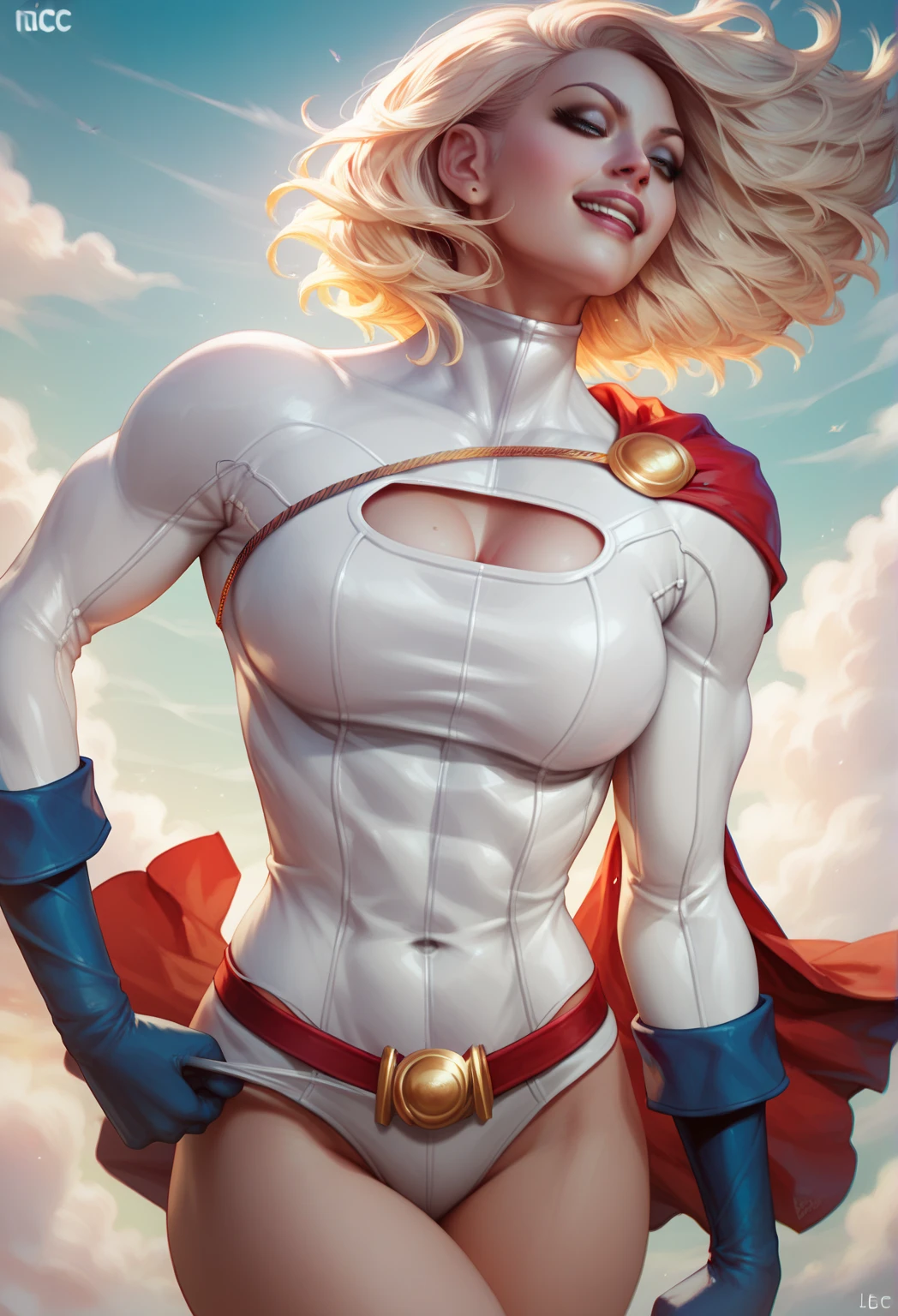 Power Girl da DC Comics,(best qualityer,4K,8k,high resolution,work of art:1.2)(weather: windy),tropical island,short hair,ultra detailed,realisitic,portraite,beautiful detailed blue eyes,beautiful detailed lips,one piece swimsuit,pareo skirt,extremely detailed eye and face, long eyelashes,sexly,average,large breasts,cleavage,flying hair,gloves,beaming smile,powerful girl in a beach,relaxed pose,wet body,stunning curves,bright coloured,dramatic lighting,beach background,composition,sea waves,mid day,