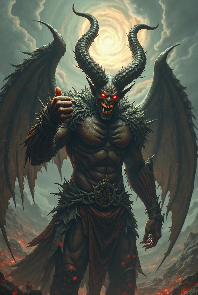 A majestic representation of the Devil standing over the wreckage of an apocalypse. His imposing figure is intricately carved, with flames in shades of orange and red dancing around him. He holds a black scepter studded with jewels, radiating evil energy. In the background, the scene is desolate and chaotic, with stormy skies and spreading darkness. The epic battle between the forces of good and evil is portrayed in the fierce expressions of the fighting warriors. Environment: A world in ruins, with collapsed buildings and an apocalyptic landscape. Atmosphere: Dark, charged with tension, with an air of imminent final conflict. Style: Bronze sculpture with highly realistic details. Execution: Digitally sculpted in high resolution, with an emphasis on the textures of the flames and skin.