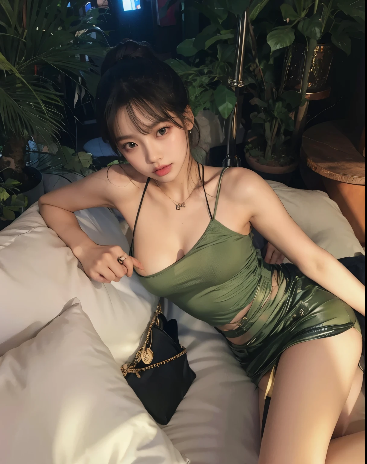realistic, 1gril, per HD, 12k, beautiful breasts, looking at the camera, sitting on the sofa, long black hair, facial details, detailed person, body details, clothing details, hair details, body details, body details, breast details, vagina details, clothes, eye details, sweat details, water details, pose (knees bent and legs wide apart) whole body