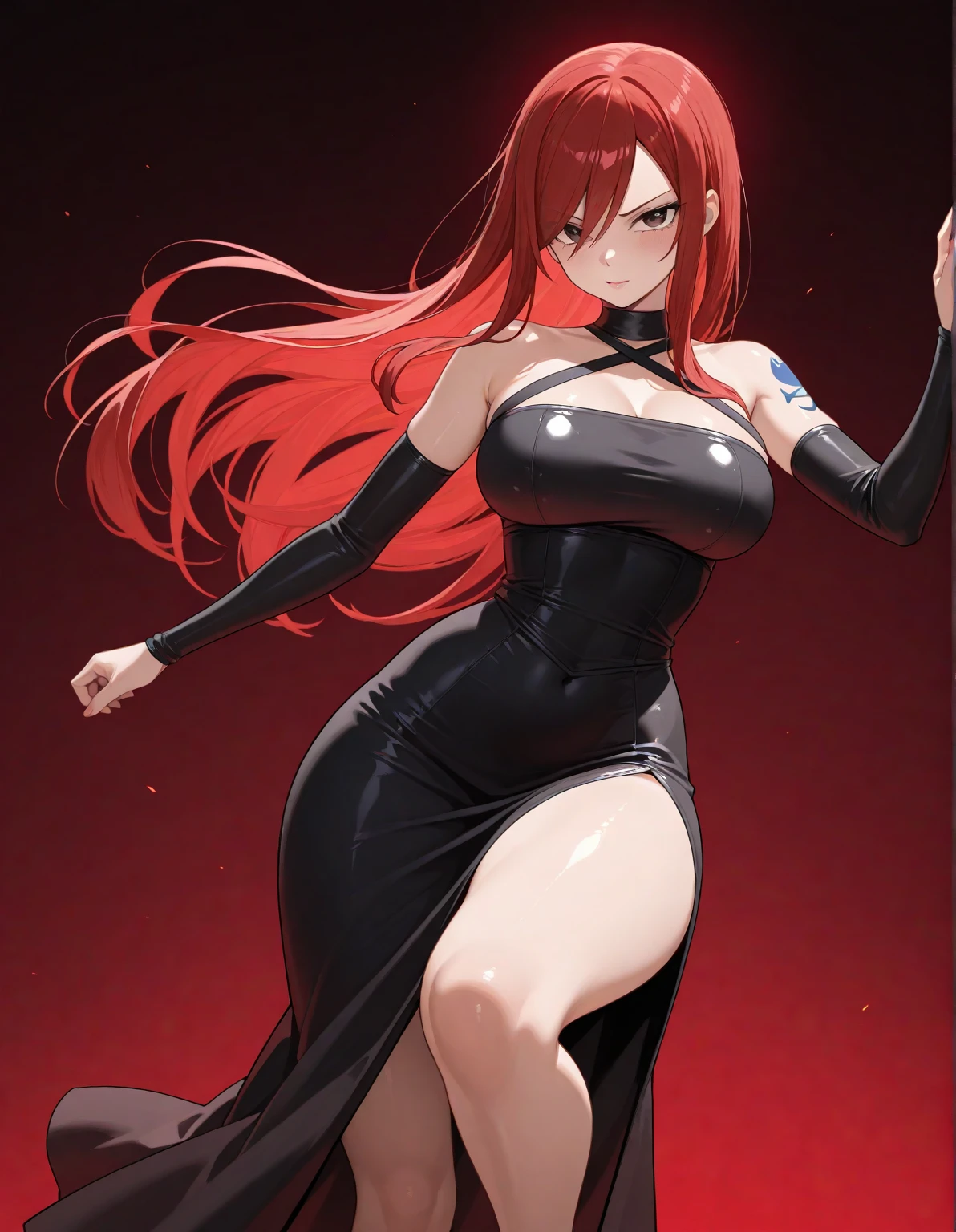 long wavy hair, vibrant fiery red hair, skinny, gigantic breasts, 2 breasts, anime girl, elegant red dress, erect nipples poking through dress, black high heels