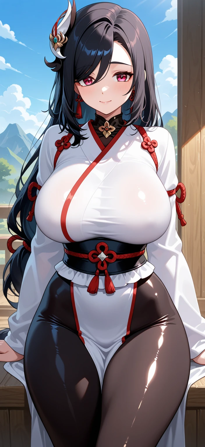 {{{masterpiece}}}, {{{best quality}}}, {{ultra-detailed}}, {cinematic lighting}, {CG}, {beautifully detailed eyes}, {1girl}, extremely detailed, 1girl, solo, [Anime style], A Japanese princess, long black hair with bags, wearing a pink and white kimono, Hime, slight smile, purple eyes, huge breasts, hourglass figure, facing viewer, outdoors, woodland background, highly detailed face and clothing, bright and expressive eyes, perfect face, fair skin, hair bangs, long hair, styled hair, hair ornament, slim waist, delicate, late teens, slightly pale skin, no collar, standing, arms at side, Yamato nadeshiko beauty, cowboy shot,  graceful face, beautiful, traditional Japanese clothing