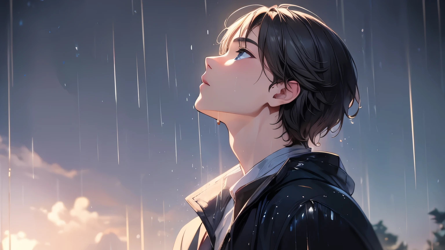 Very high quality: A beautiful young man looking up at the rainy sky