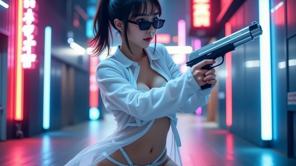 8k, Realistic Skin Texture, Realistic Photo, Neo Tokyo, slim women, large-breast:1.3 cleavage:1.2, AD2050 at night, Dirty hunting jacket, Wearing tube top, miniskirt, (((black sunglasses, automatic rifle, sneakers, cold, shooting pose, very low angle view))), Innovative composition, revenge, cyberpunk, blade runner worldview, Large neon sign, Geisha hologram sign, Strong Wakamoto Sign.