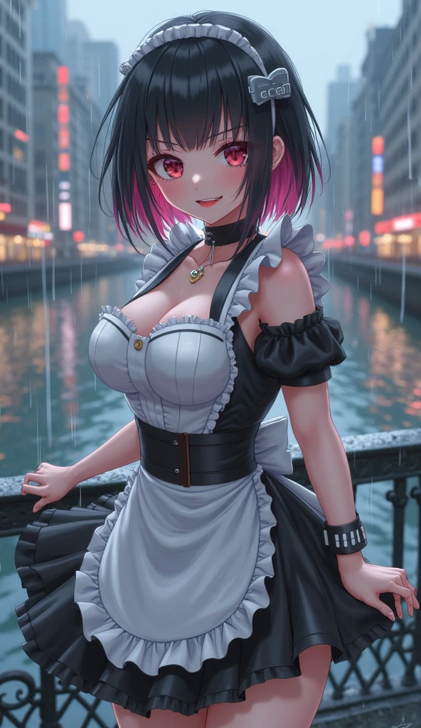maid girl,(((1girl))),((maid girl with extremely cute and beautiful black hair)),
(large breasts:1.4),bountiful breasts,fluffy breasts,H cup bust,bust up,bulging bust top,(((black bob hair:1.35,colored inner hair,short hair,ear breathing))),((heterochromia:1.5, (purple_eye and blue_eye))),big eyes:1.3,((fat)),(((lustrous skin:1.5,bright skin: 1.5,skin tanned,shiny skin,very shiny skin,shiny body,plastic glitter skin,exaggerated shiny skin,illuminated skin,wet legs))),(spider lower abdomen,narrow waist,wide hip,athletic body,inflated legs,detailed body,(detailed face)),
cute,slutty,seductive,erotic,((nsfw)),
zettai ryouiki,(maid headdress),maid uniform,Headdress,(maid),sleeveless,mini skirt,boots,cleavage cutout,bare legs,clothes with a lot of lace frills,((wet clothes,intricate outfit,intricate clothes)),
(dynamic pose:1.0),solo focus,embarrassed,blush,sweat,((tears,open mouth)),moist eyes,(centered,scale to fit dimensions,Rule of thirds),
cyberpunk city by the ocean at night, with bright neon signs and dark stormy clouds and puddles, scenery:1.25,
artistic photography,(photography taken by sldr),highres, sharp focus, (ultra detailed, extremely detailed), (photorealistic artwork:1.37),(extremely detailed CG unity 8k wallpaper),((synthwave background theme)),(((vibrant colors))),(intricate background),(masterpiece),(best quality),