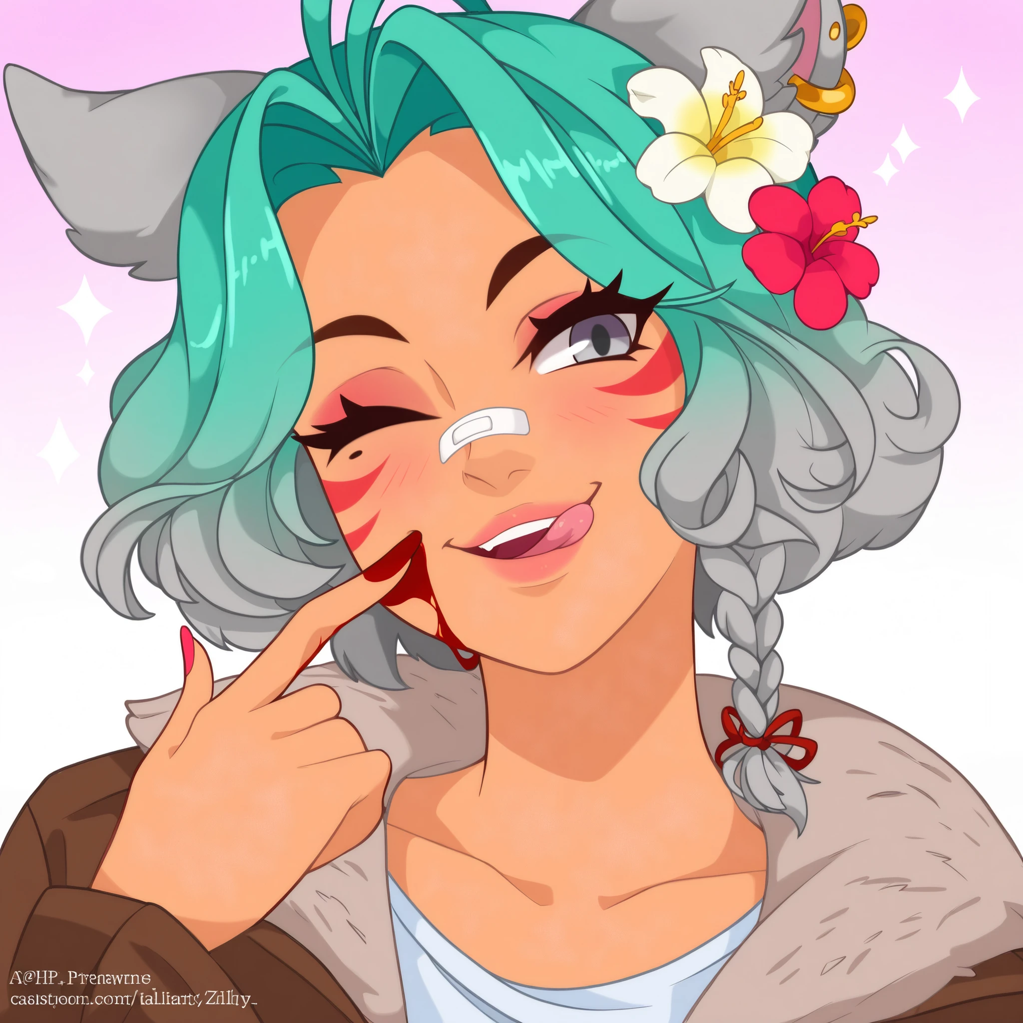 rating:safe, 1girl, flower, animal_ears, hair_flower, solo, blue_hair, hair_ornament, looking_at_viewer, long_hair, blue_eyes, portrait, by Zilya, watermark, smile, open_mouth, white_flower, white_background, bangs, :d, tongue, simple_background, close-up, face, tongue_out, eyebrows_visible_through_hair, collarbone, web_address, fang, twitter_username, hair_between_eyes, blush, :p, licking_lips, :3, fangs, signature, piercing, aqua_hair, closed_mouth, lips, deviantart_username, messy_hair, brown_eyes, gradient, gradient_background, eyelashes, eyebrows, yellow_flower, head_tilt, grey_eyes, parted_lips, cat_ears, teeth, parted_bangs, fox_ears, shirt, patreon_username, mole_under_eye, black_eyes, patreon_logo, green_hair, whisker_markings, nose_piercing, short_hair, shiny, upper_body, ear_piercing, freckles, facial_mark, wolf_ears, facial_tattoo, furry, ribbon, happy, multicolored, half-closed_eyes, aqua_eyes, cat_girl, v-shaped_eyebrows, red_eyes, chromatic_aberration, blurry, dark_skin, blood_on_face, character_name, daisy, looking_away, nose, miqo'te, black_hair, multicolored_eyes, grey_hair, tan, white_shirt, pink_flower, hair_intakes, shiny_hair, mole, saliva, thick_eyebrows, depth_of_field, striped, bandaid, bandaid_on_nose, multicolored_hair, slit_pupils, :q, silver_eyes, swept_bangs, blood, fox_girl, sparkle, looking_to_the_side, braid, facepaint, smug, empty_eyes, borrowed_character, monster_girl, animal_ear_fluff, heart, brown_jacket, hibiscus, ahoge, company_name, hair_flaps, ;p, heterochromia, forehead, whiskers, gradient_hair, makeup, hair_ribbon, backlighting, fur, light_smile, dated, one_eye_closed, green_eyes, claws, 2016, wavy_hair, copyright_name, purple_eyes, single_braid, english_text, blurry_background, pink_background, shaded_face, curly_hair, mascara, sunflower, eyes_visible_through_hair, smirk, jewelry, blue_background, looking_down, antenna_hair, blue_flower, mouth, red_flower, lyria_(granblue_fantasy), licking, meme, grin, upper_teeth, lily
