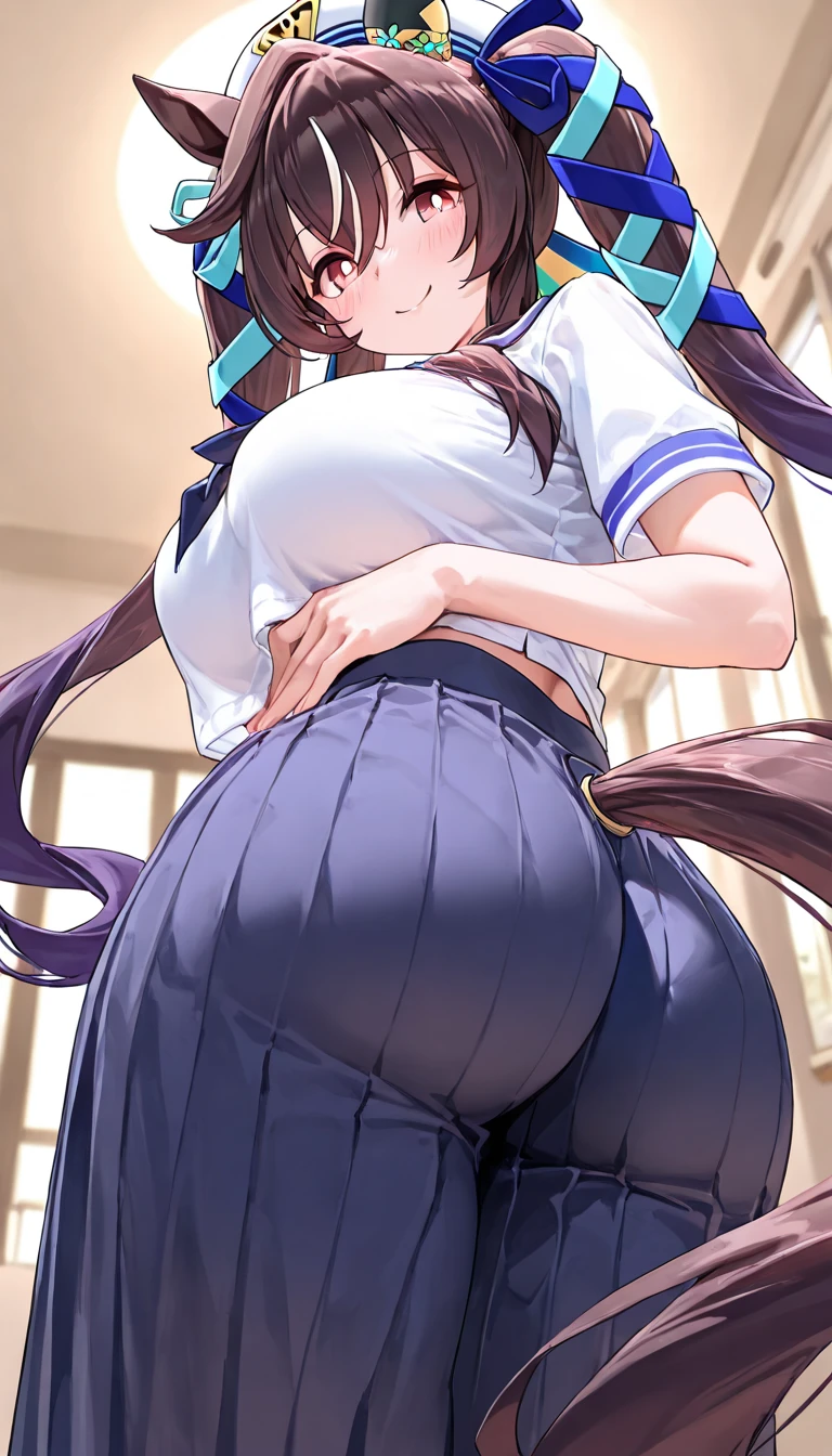 1girl,solo,gigantic ass,thick thighs,wide hips,pleated skirt,white shirt,serafuku,twintails,thighhighs,smirk,blush <lora:kazo_(kazozakazo):1>