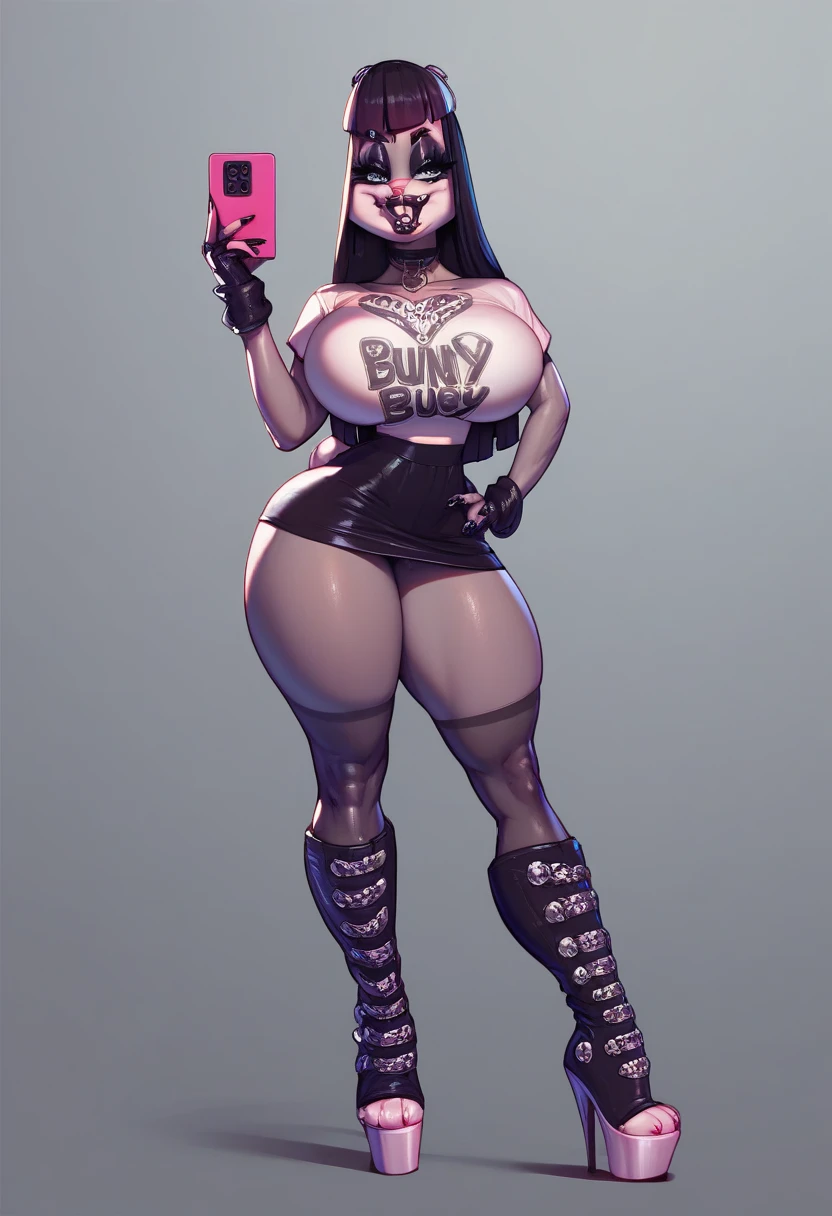 score_9,score_8_up,score_7_up,score_6_up, Gothic pony, cybergoth fashion, glowing backlight, club scene, glitter, whimsical, enchanted, magical, fantasy art concept, intricate details, large Breast Implants like a blimp, bimbo, big lips, big butt, big hips,