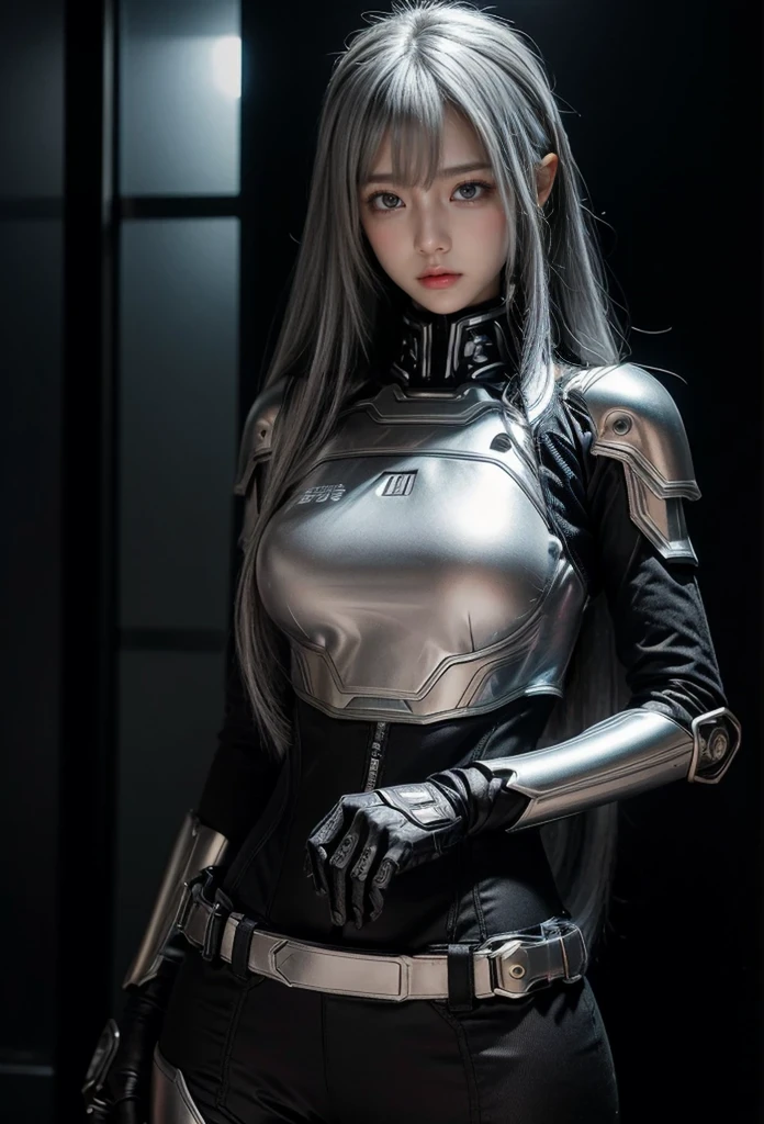 cyber angel,machine wing,{{Sci-Fi Armor}},cyber suit,cyberpunk,science fiction,cyber battle armor,Battledress,Military Uniforms,pants,black military uniform,whole body,Height: 168cm,almond shape eyes,{{{{{silver eyes}}}}},{{{{{dull bangs}}}}},(slanted eyes},{{whole body},{{{1 girl}}}, long hair, straight hair,{{{{silver hair}}}},{{{tsurime}}},30 years old,{Medium chest},{{bush}},silver eyes,{{{masterpiece}}}, {{{highest quality}}}, {{Super detailed}}, {shape}, {{very delicate and beautiful}},very detailed,detailed perfect,detailed hyper,Abundant thighs,big ass,black clothes