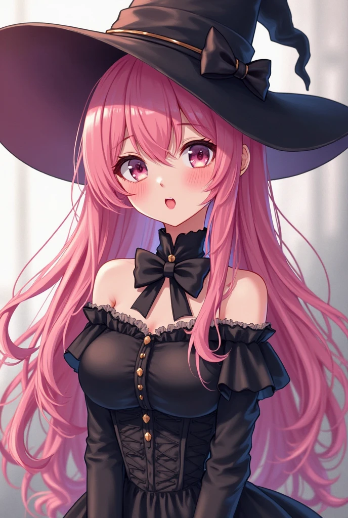She is a tall young anime girl with wavy pink hair that reaches mid-back and is kept loose in a lobed hairstyle with bangs to the left side., purple eyes, full lips and a voluptuous body She wears a sleeveless blouse, Tight, in violet red and a miniskirt with violet red evening gloves. The top design allows you to show off much of your torso, with a large V-shaped opening that exposes part of her breasts and abdomen, where it is only connected at one point around the navel region. The cups that hold her breasts have curved edges. Her miniskirt is very short and only covers her buttocks. She also wears dark purple stockings and garters under her boots.. With a dark red witch hat
