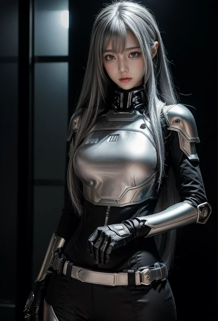 cyber angel,machine wing,{{Sci-Fi Armor}},cyber suit,cyberpunk,science fiction,cyber battle armor,Battledress,Military Uniforms,pants,black military uniform,whole body,Height: 168cm,almond shape eyes,{{{{{silver eyes}}}}},{{{{{dull bangs}}}}},(slanted eyes},{{whole body},{{{1 girl}}}, long hair, straight hair,{{{{silver hair}}}},{{{tsurime}}},30 years old,{Medium chest},{{bush}},silver eyes,{{{masterpiece}}}, {{{highest quality}}}, {{Super detailed}}, {shape}, {{very delicate and beautiful}},very detailed,detailed perfect,detailed hyper,Abundant thighs,big ass,black clothes
