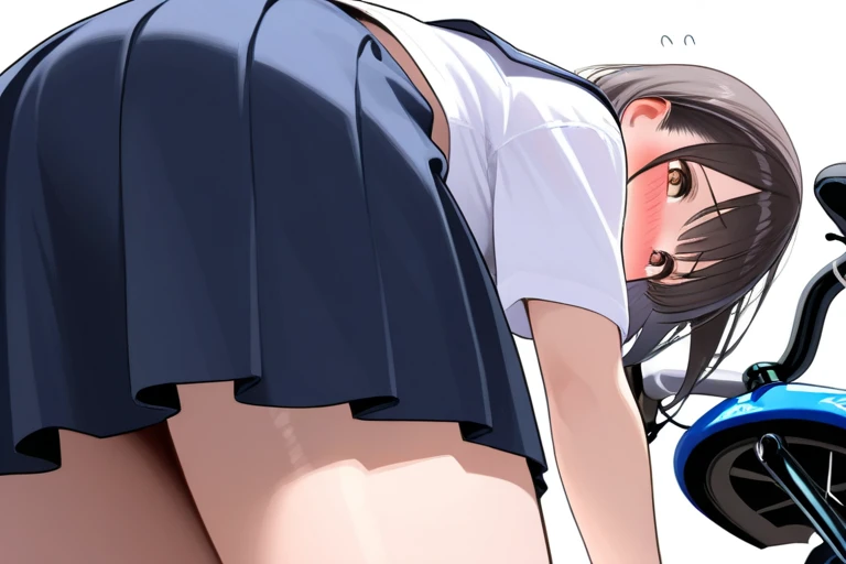 Solo, school sailor summer uniform, bike shorts, big butt, wide hips, short hair, brown hair, femboy, male boy, smug face, bratty boy, sideway, sideway perspective, masterpiece, blushing, see-through pants, visible crotch bulge, visible nipples, manga panels