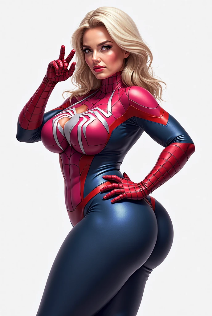 ((Full body photo)). Laura/woman/Chinese (big breasts:1.3) is standing, (Spider-Man/Ultraman hybrid costume with blue jewelry on the breastplate/extremely tight on the body/extremely exhibitionist:1.2)), wearing (red lipstick on the mouth:1.0), ull body view, facing the viewer, hand on hips, legs parted, confident stance, proud stance, smiling, posing. She has (very short blonde hair, slick:1.5) and (blue eyes:1.5), Mortal Kombat, anime, framed, symmetry, 16k, best quality, super detail, textured skin, UHD, (chubby:1.2), (huge breasts:1.3), (wide hips:1.3)