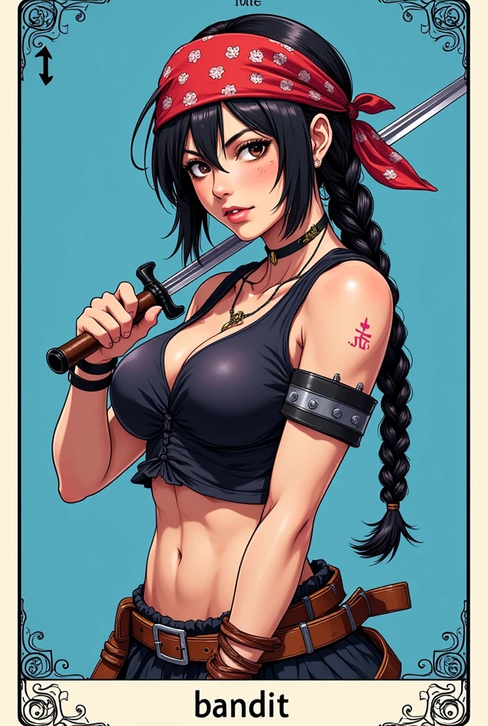 A woman who looks like Marceline, but with white skin with dimples on her face and without the pointy teeth hot cartoon version holding a fencing sword