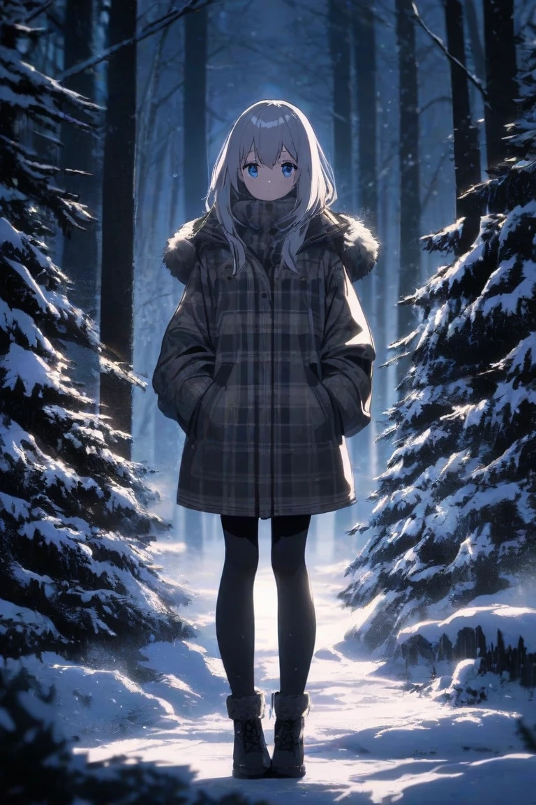 Dark blonde hair. Long, wavy hair. Messy hair. Fair skin. Green eyes. Thick eyebrows. Anthropomorphic. mad. portrait. cute. . young. cold. puffy jacket. thick jacket. winter. 1 girl. solo. alone. 4k. high quality. body. . yelling. forest. snowy. snow landscape. wilderness. frowning. dark. dim lighting. night. cabin. full body. anime. pout.