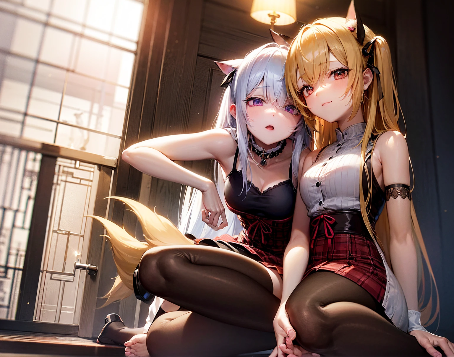 16K resolution, Red fox anthropomorphism,, Sakura red hair, Bright red eyes,Wear a pink princess outfit，;White tiger anthropomorphism，femele，Wear a white princess outfit，White color hair，Gorgeous blue-purple eyes；Anthropomorphization of wolves，femele，Black color hair，Black eyes，Wear a black princess outfit；Court background，threesome（Stand up，Sit Pose，Lying position）。