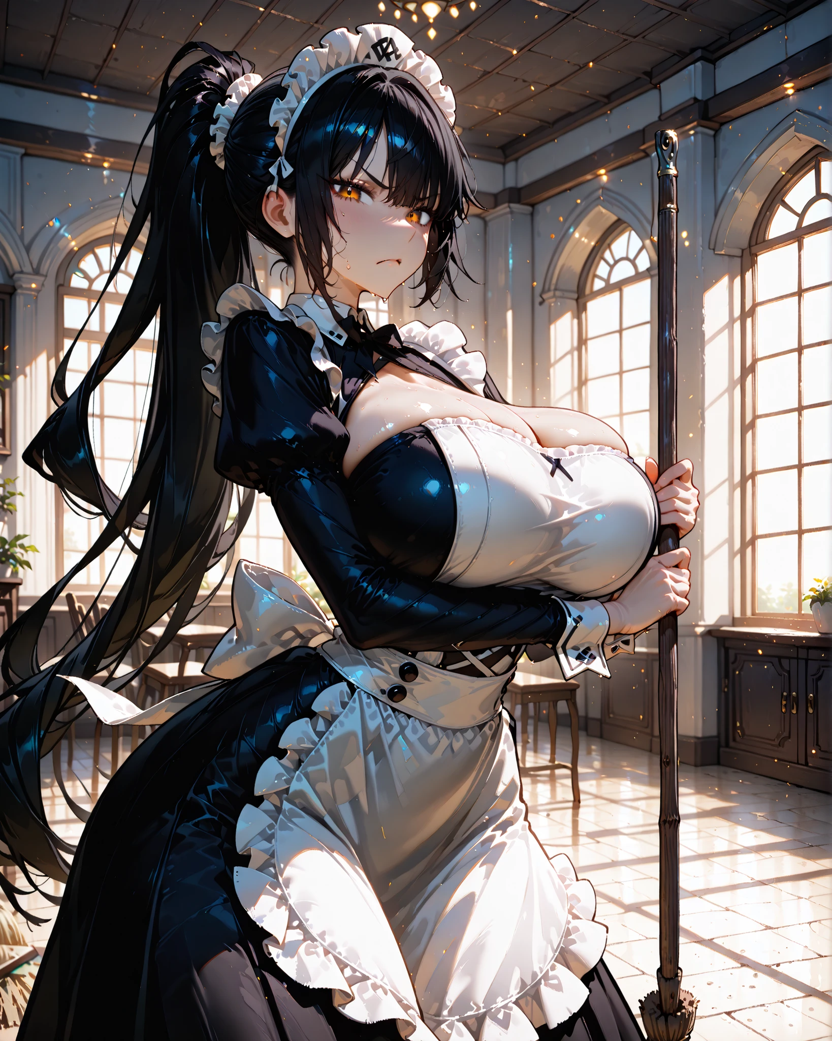 (SuperQuality:1.0) ~ (SuperQuality:1.2), detailxl, 1girl, High Resolution, Best Quality, High Details, Super Detailed, detailed background, indoors, black hair, ponytail, long hair, holding a broom, sweeping, maid outfit, glaring, large breasts, looking at viewer, close up,