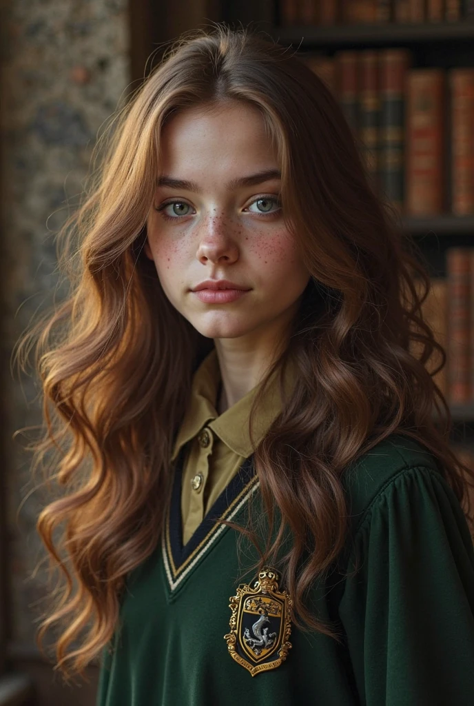 Very pretty 17 year old girl with brown hair, toffee brown eyes, pale skin, and freckles. Dressed in long-sleeved white button-up shirt and Gryffindor tie. Background of Potions classroom. Realistic detailed lifelike photograph