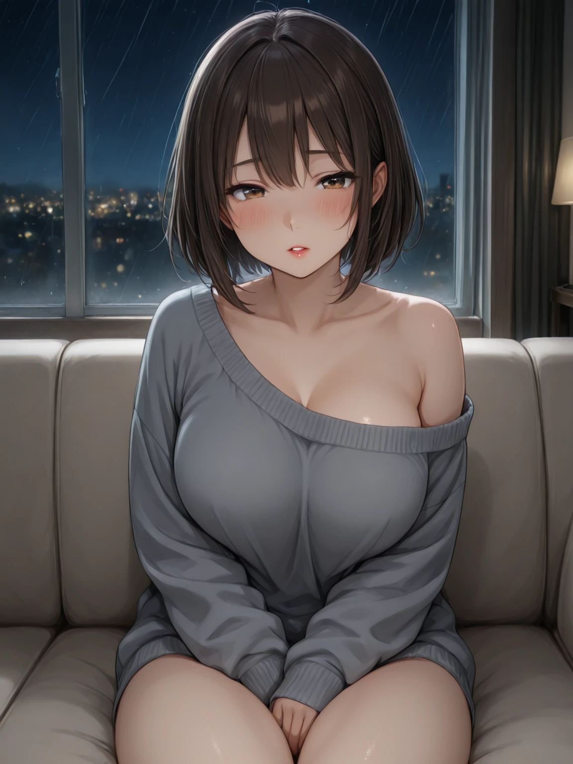 ((masterpiece)), ((best quality)), ((ultra detailed)), ((mature female)), fluffly bob cut, blunt bangs, brown hair, ((tareme)), large breasts, photograph, beautiful detailed face, detailed eyes, ((night hotel room)), (nsfw), (nude), (embarrassed:1.2), parted lips, ((upper body))